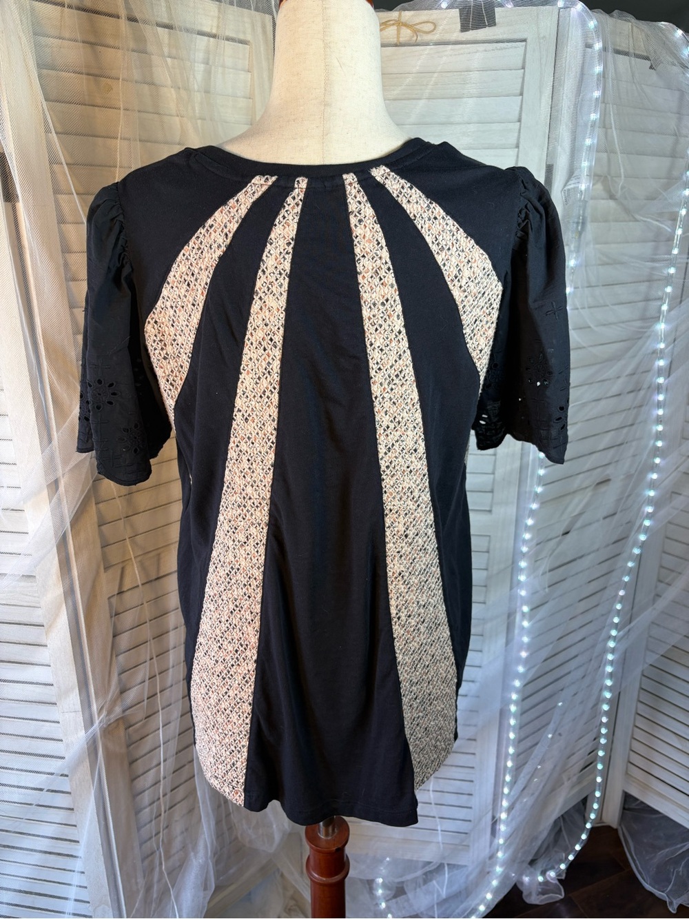 LOGO by Lori Goldstein Black Top with Cream Lace Panels - Picture 2 of 5